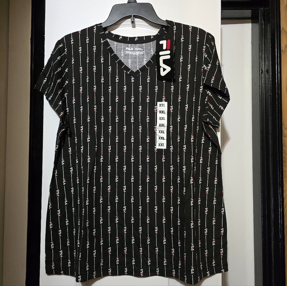 Fila Women's Black V-Neck Graphic T-Shirt W Fila Prints All Over Size XXL